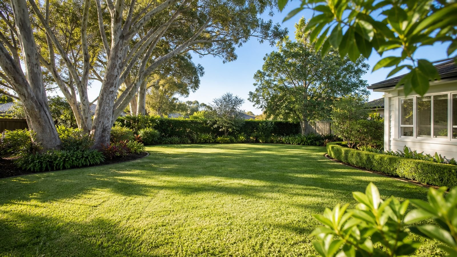 Mature trees shading a lawn and planted borders beside a house